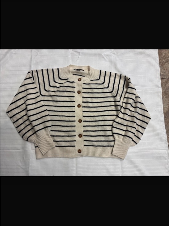 French Connection Sweaters - French Connection Cream & Black Striped Button Cardigan